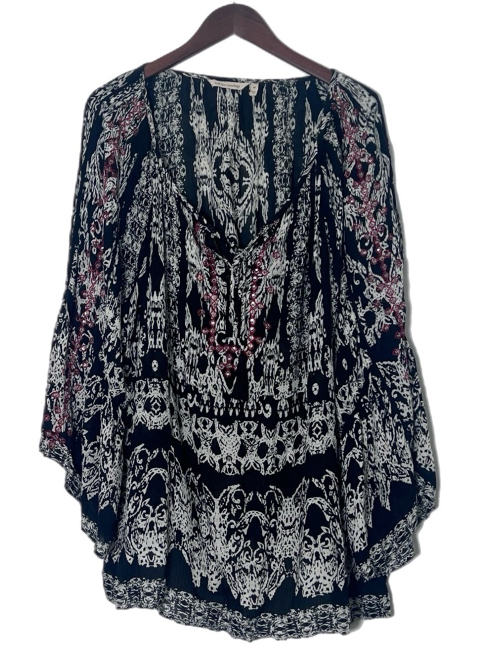 Boho Printed V-Neck Women's Top - Black and White with Red Accents